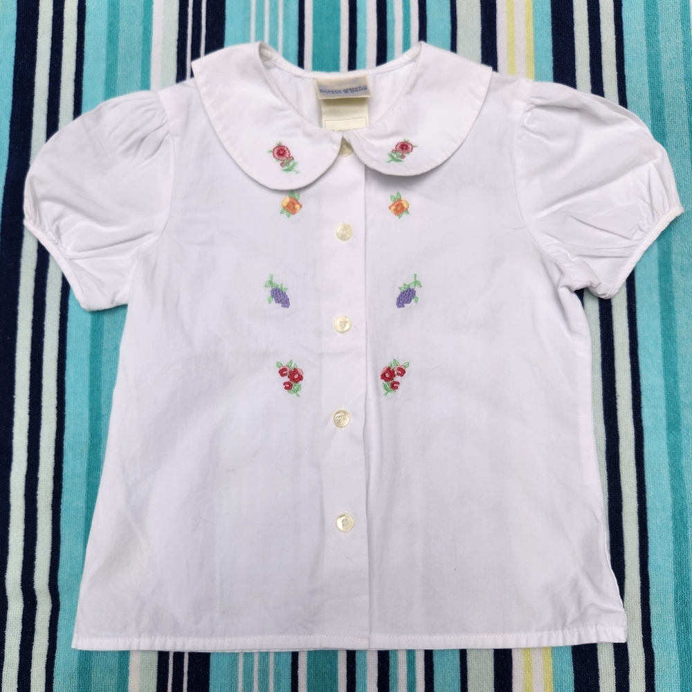 Laura Ashley Mother & Child  White Kids Shirt w/ Colorful Flower Embroidery-Sz 7